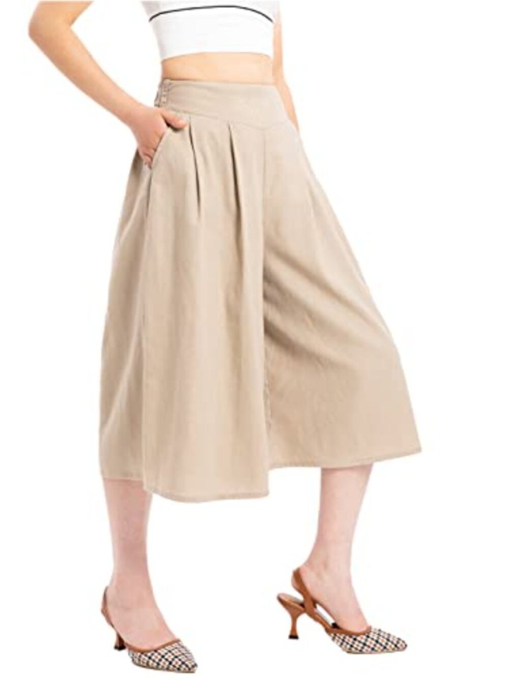 Linen Cotton Wide Leg Capris Pull On Embroidered Palazzo Crop Pants with Pockets